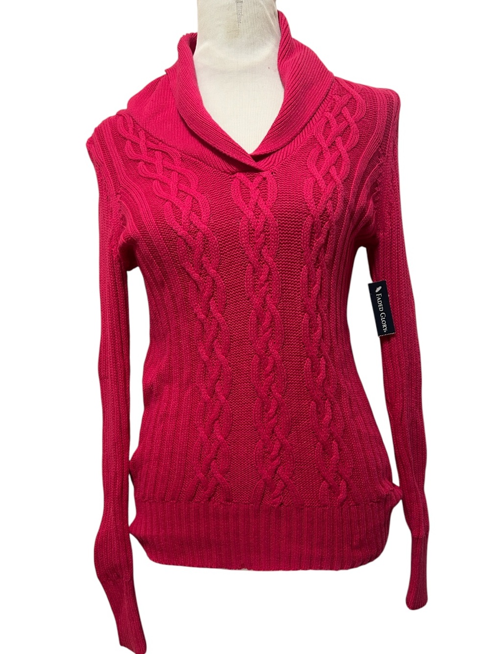 NWT Vtg Deadstock Faded Glory Cable Knit Shawl Collar Pullover Pink Sweater Y2K
